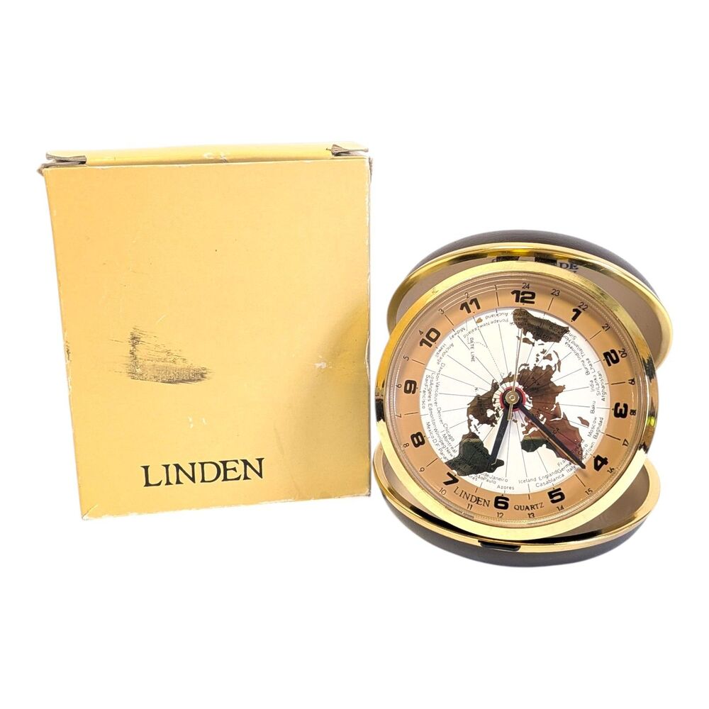Vintage Linden Travel Alarm Clock/World Map Time Zones Wind Up